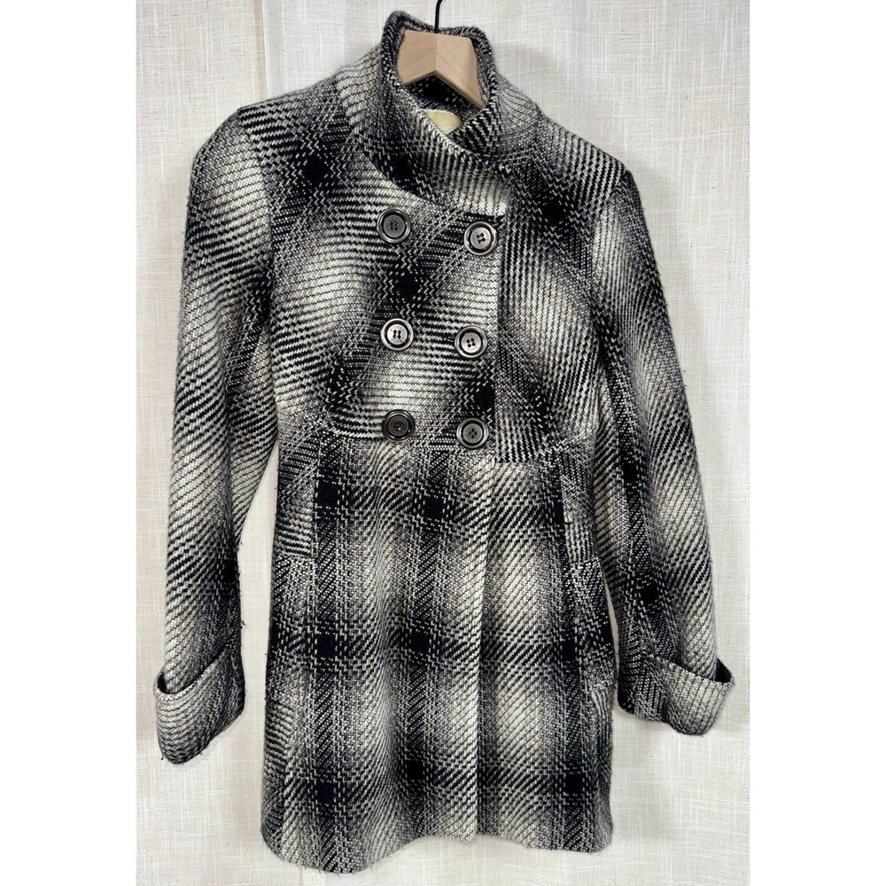 Michael Kors Women's Double Breasted Wool Pea Coat Plaid Small 8 Cream Black